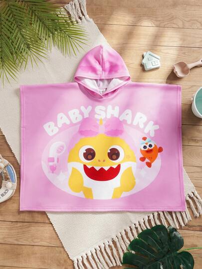 BABY SHARK X SHEIN Áo khoác ngoài rộng rãi, có mũ trùm đầu, họa tiết hoạt hình màu hồng dễ thương, phong cách thường ngày dành cho bé gái.