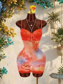 Amplova Women's Sexy Animal Print Lace Patchwork Spaghetti Strap Mini Dress, Vacation - Multicolor - View 3