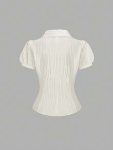 Sweetra Blusa elegante de mujer con cuello en V y abotonadura sencilla, de manga corta y con rayas blancas, para primavera/verano - Albaricoque - Ver 2