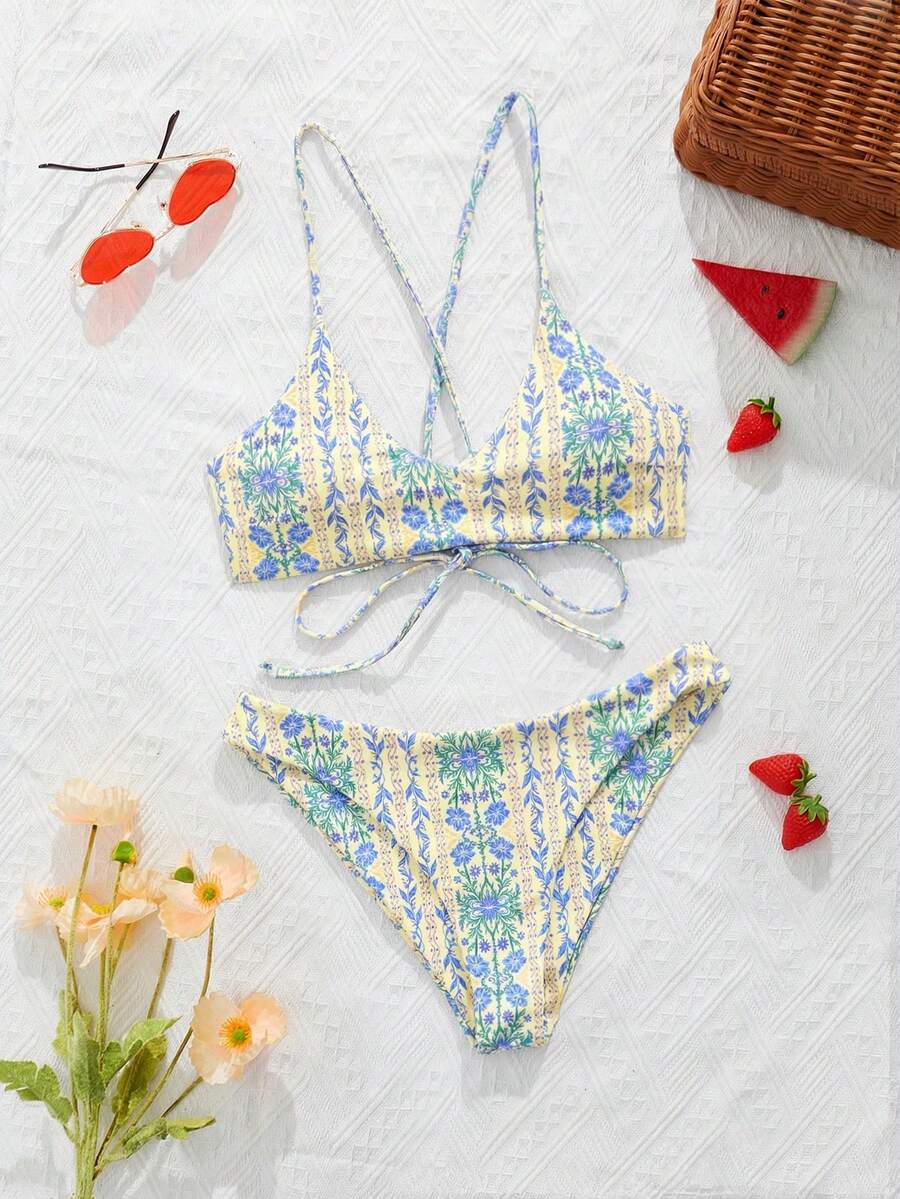 Swim Mod Women's Summer Beach Floral Print Sexy Bikini Set, Wireless - Pale Yellow - View 1