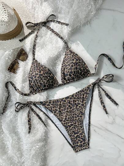 Soleia Plus Size Women Leopard Print Contrast Color Tie-Up Beaded Decor Bikini Set Summer Beach Vacation Bathing Suit