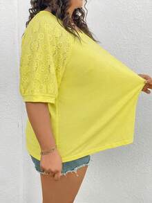 SHEIN CURVE+ Plus Size Women Top With Different Material Splicing,White T-Shirt - Pale Yellow - View 6