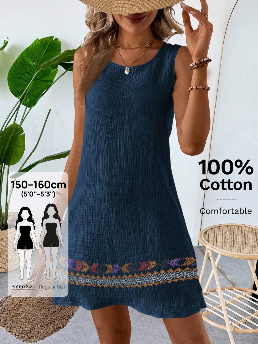 EMERY ROSE EMERY ROSE Vestido mini de mujer de unicolor con cuello redondo sin mangas de tela texturizada, verano, para mujeres de talla pequeña - Multicolor - Ver 1