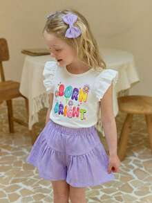 SHEIN 2件套女童圆领泡泡袖T恤+“Born Bright”彩虹标语+花卉装饰+抽绳叠层短裤，活力舒适，适合户外玩耍、日常穿着和休闲聚会的夏季套装。 - 白色 - 查看 6