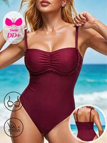 SHEIN DD+ Traje de baño de una pieza con volantes y parches para mujer, para vacaciones de verano en la playa. Traje de baño de mujer con cobertura completa y control de abdomen para natación - Burdeos - Ver 6