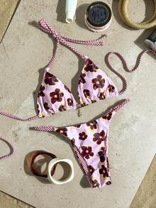 SHEIN Swim Mod 女士随机印花挂脖金属装饰比基尼套装，春夏款 - 彩色 - 查看 5
