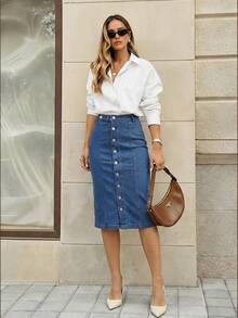 Selenza Váy denim màu xanh thời trang dành cho nữ - Rửa tối - Xem 3