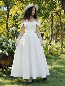 SHEIN MOD Women's Vintage Fishbone Sleeveless Dress,White,Summer,Elegant,Wedding Guest,Evening Gown,Formal Ball Gown,Renaissance Retro Homecoming Dress - White - View 7