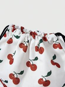 ROMWE Kawaii Sweet Cherry Printed Drawstring Backpack - Lightweight And Lovely Lace Trimmed Casual Backpack With Transparent Pocket Fitness Bag For School, Commuting, Travel And Daily Use - White Cherry - View 5