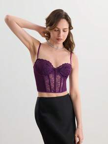 SHEIN Áo hai dây định hình dễ thương, viền ren Bralette không dây - Màu tím - Xem 6
