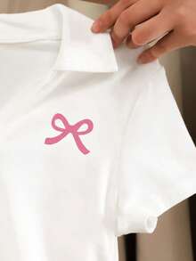 SHEIN 女童/女童纯色休闲Polo衫 V领修身侧褶短袖露脐T恤 - 白色 - 查看 3