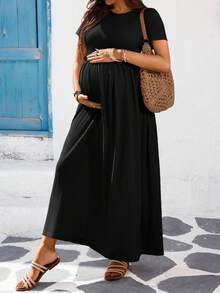 SHEIN Maternity Casual Solid Color Short Sleeve Dress - Black - View 5