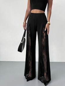 Modelyn 浪漫优雅黑色针织拼接蕾丝直筒裤，春夏款 - 黑色 - 查看 3