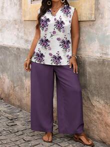 SHEIN VCAY Plus Size Dark Purple Solid V-Neck Shirt & Printed Pants 2-Piece Set,Summer Boho Vacation Holiday Beach Wear,Music Festival Rave Party Outfits - Purple - View 6