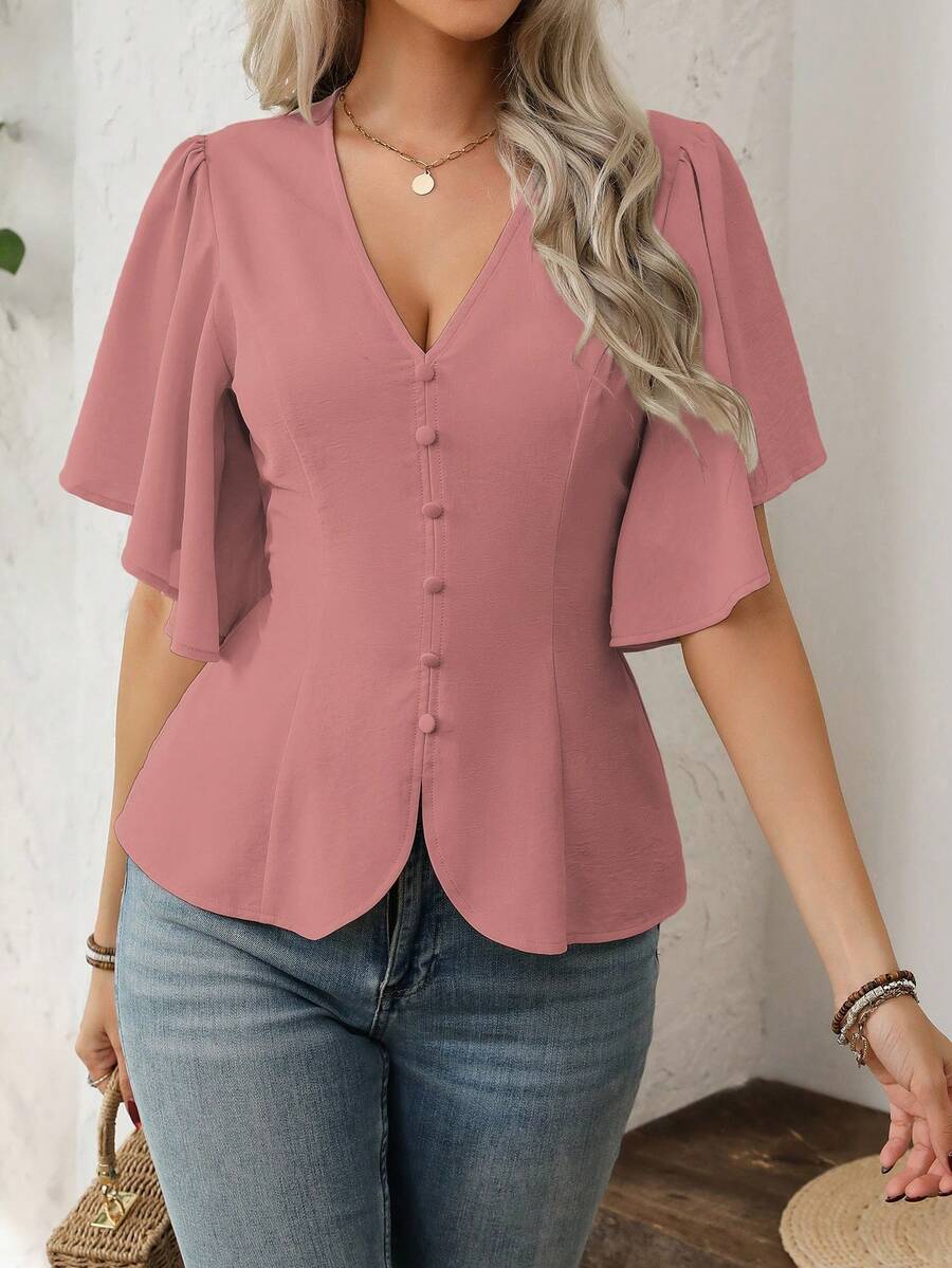 EMERY ROSE Women's Elegant V-Neck Button Decor Flare Sleeve Waist Cinched A-Line Shirt, Solid Color, Suitable For Commute, Casual, Vacation, Spring/Summer - Redwood - View 1