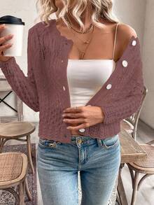 Áo khoác cardigan nữ cổ tròn khoét lỗ cài nút phía trước, áo len dệt kim mùa thu/đông. - Gỗ đỏ - Xem 6