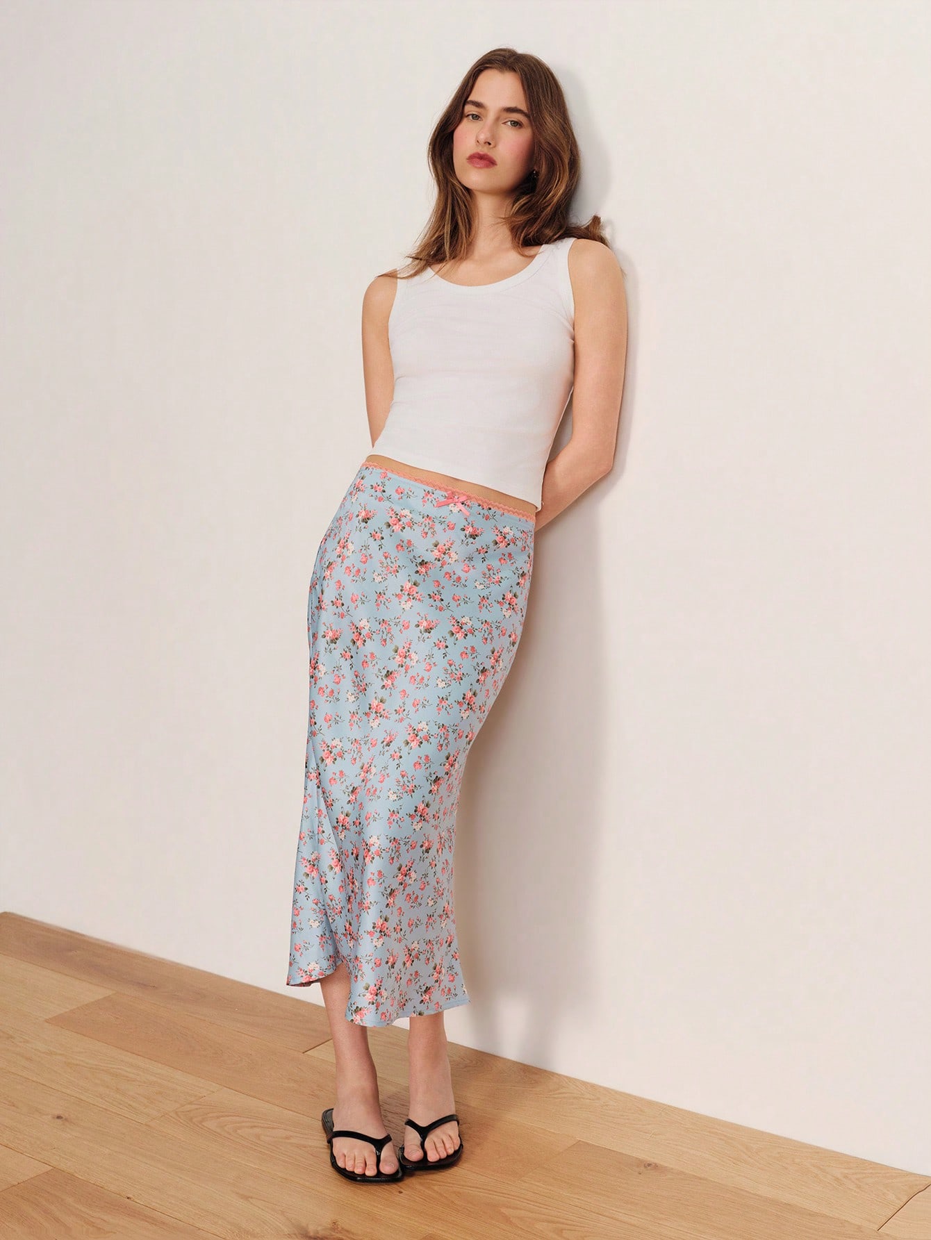 Blue And Pink Floral Print Satin Midi Skirt With Elasticated Waist And Bow Detail Spring Summer French Style Parisian Style Vacation Outfit Going Out Office Outfit Flowy Skirt Flower Satin Skirt