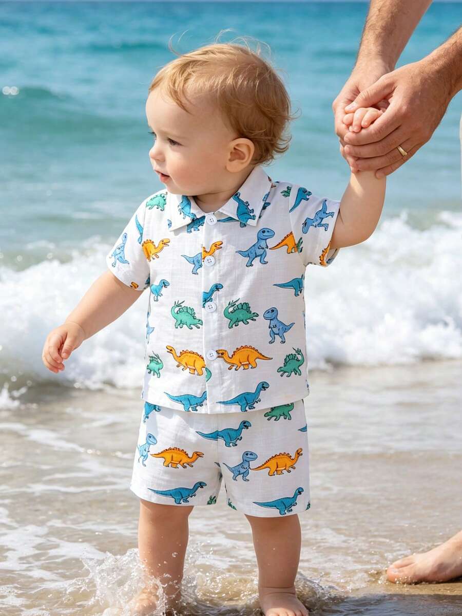 2件套幼儿男童恐龙动物印花短袖衬衫和松紧腰短裤套装,适合夏季、通勤、上学、休闲、度假,尺码6个月至3岁,儿童服装,婴儿服装,婴儿T恤,婴儿短裤 - 彩色 - 查看 1