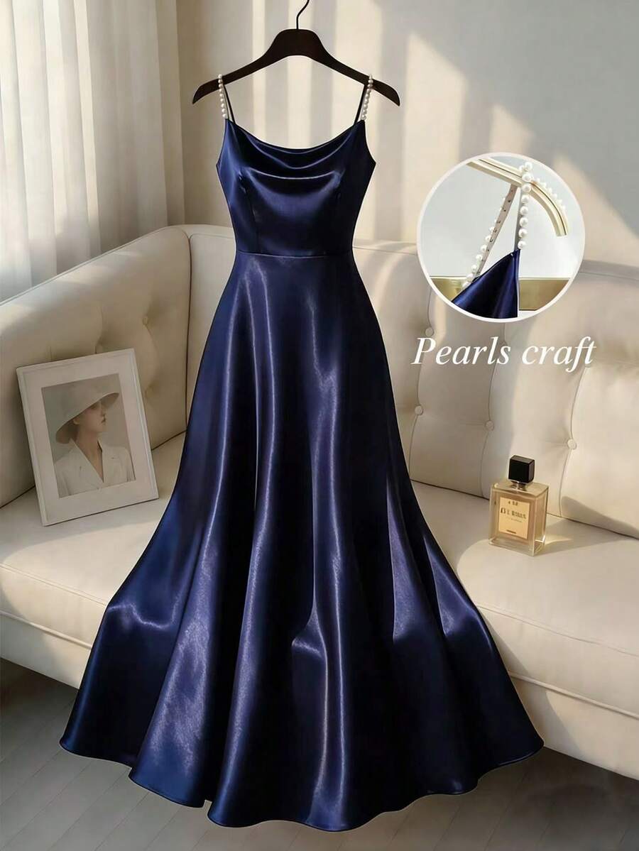 SHEIN Franclia Women's Elegant Satin Sheen Pearl Slip Dress, Suitable For Commute, Party And Events - Navy Blue - View 1