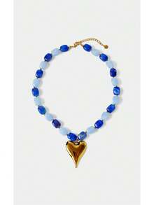 Noxbound 18K Gold Plated Love Pendant Stylish Simple Beaded Necklace,18K Gold-Plated,Minimalist/Vintage/Elegant,For Mom/Women/Girl/Mother,Summer/Beach/Prom/Part/Vacation/Travel,BOHEMIAN/Modern/Chic,Daily Wear/Work Day,Layered/Gemstone/Beaded/Crystals,Heart - Yellow Gold - View 1