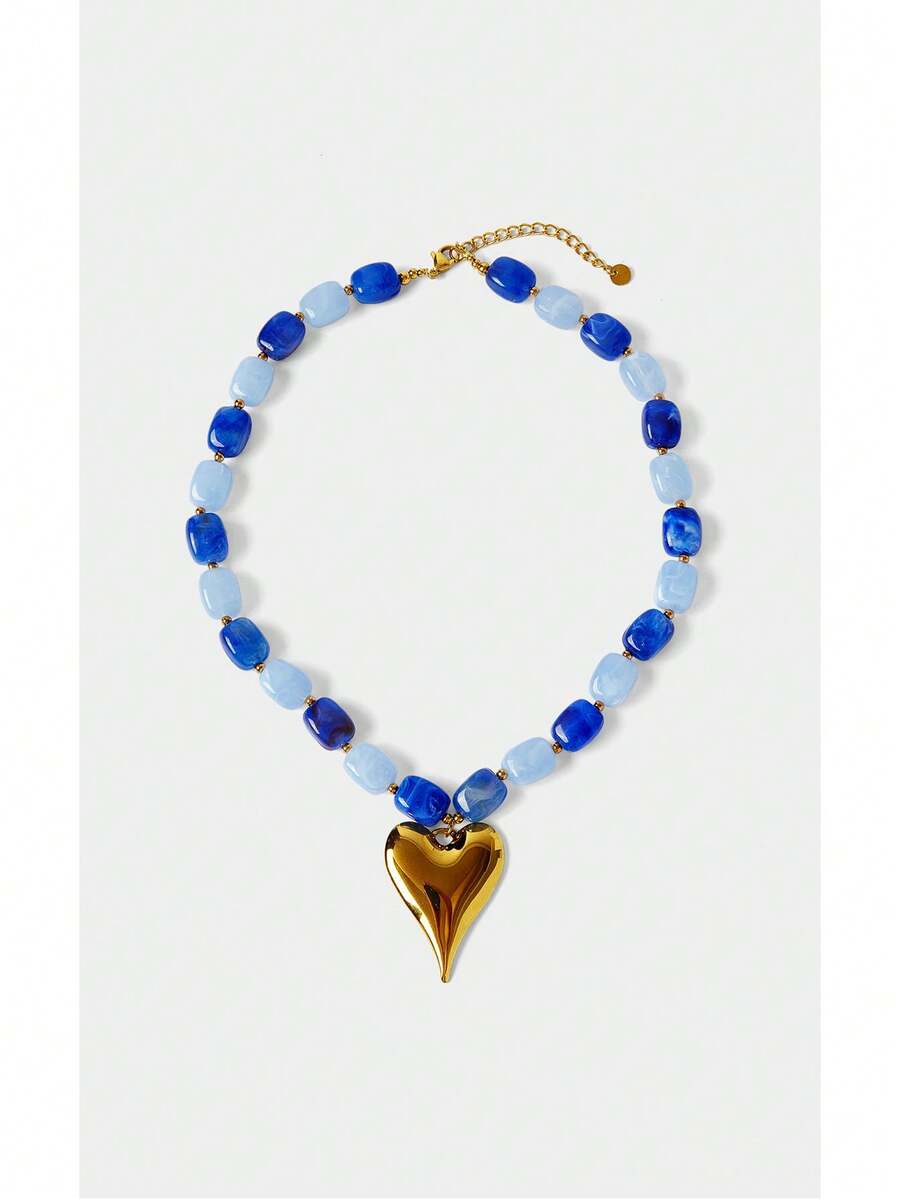 Noxbound 18K Gold Plated Love Pendant Stylish Simple Beaded Necklace,18K Gold-Plated,Minimalist/Vintage/Elegant,For Mom/Women/Girl/Mother,Summer/Beach/Prom/Part/Vacation/Travel,BOHEMIAN/Modern/Chic,Daily Wear/Work Day,Layered/Gemstone/Beaded/Crystals,Heart - Yellow Gold - View 1
