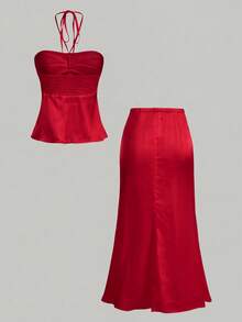 SHEIN MOD Bộ đồ 2 mảnh gợi cảm dành cho nữ, gồm áo hai dây buộc cổ xếp ly và chân váy ngắn, phối màu trơn, trang trí kim loại, thích hợp cho buổi hẹn hò lãng mạn. - Đỏ - Xem 4