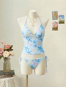 SHEIN MOD 显瘦清爽海星印花荷叶边女士泳装套装夏季沙滩度假比基尼泳衣 - 淺藍色 - 查看 1