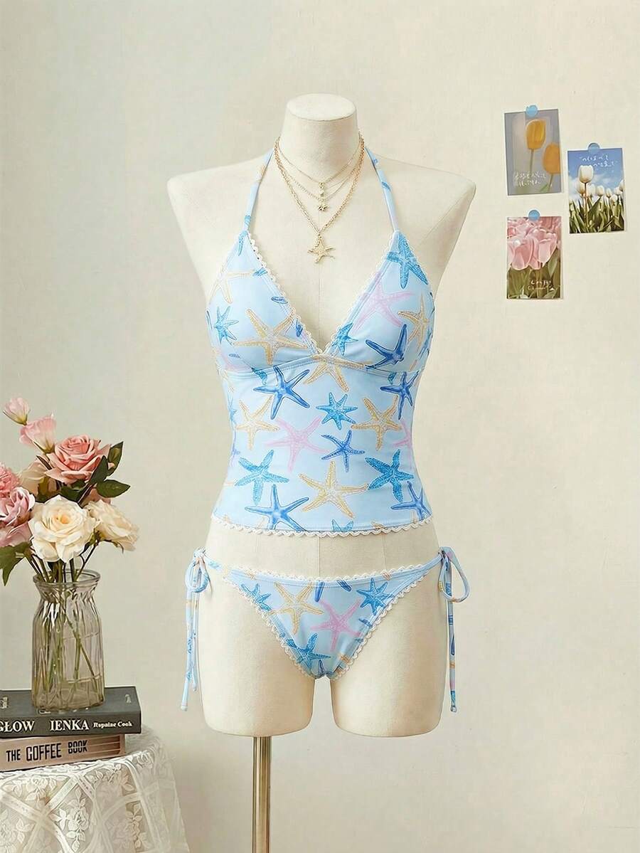 SHEIN MOD 显瘦清爽海星印花荷叶边女士泳装套装夏季沙滩度假比基尼泳衣 - 淺藍色 - 查看 1