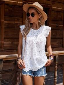 Vacation Casual Solid Color Hollow Embroidery Cap Sleeve Blouse - White - View 5