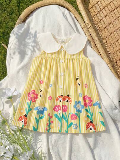 Souflis Souflis 法国新款夏季女婴黄色条纹度假印花连衣裙，适合度假、玩耍、上学、购物等各种场合。