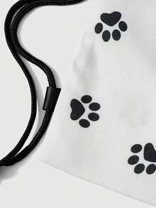 ROMWE Anime Mochila con cordón blanca de gran capacidad y multifuncional, con bolsillo con cremallera transparente, adorno de encaje de color contrastante y estampado simple de estilo kawaii y animado, adecuada para la escuela, el transporte y el ocio diario, muy linda - Pata de perro negra - Ver 4