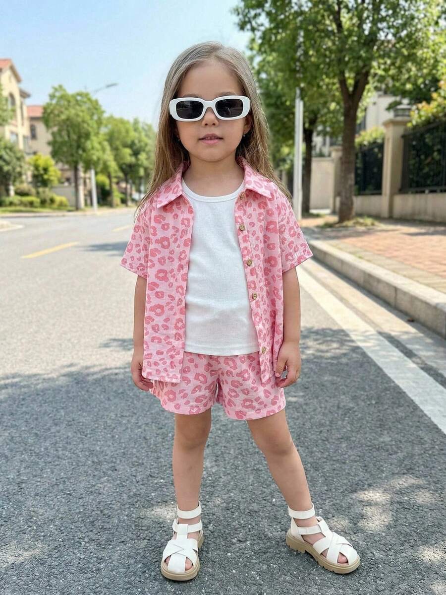 Bubblio Conjunto de niña bebé de camisa y pantalón corto informal con estampado de leopardo rosa, adecuado para salidas y vacaciones, verano - Rosa - Ver 1