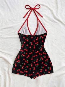 Soleia Casual Minimalist Vacation Style Retro Colorblock Red Cherry Full Print Jumpsuit, Suitable For Spring & Summer - Multicolor - View 2