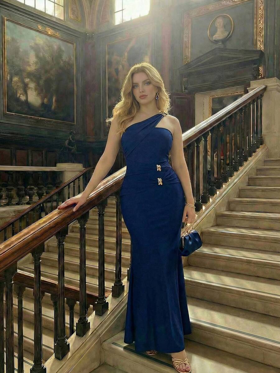 SHEIN MOD Große Größen Elegantes marineblaues Kleid mit einem Schulterausschnitt für Damen, Partykleid, elegantes Kleid mit einem Schulterausschnitt, königsblauer Abendkleid, elegante und klassische blaue Kleider, Weihnachtskostüm, Sommerkleid, Winterkleidung für Damen, Silvesterkleid, Partykleid, luxuriöse Abendkleider für Damen - marineblau - Übersicht 1