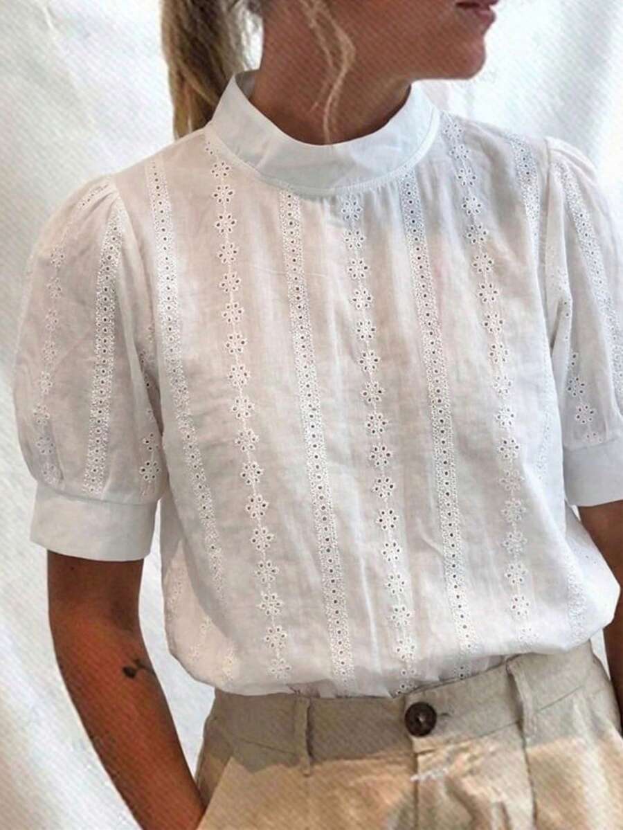 SHEIN PariChic 女士纯色简约日常半高领短袖衬衫 法式衬衫 女士夏季衬衫 女士新款露脐衬衫 女士优雅职业衬衫 女士蕾丝衬衫 女士正式蕾丝衬衫 - 白色 - 查看 1