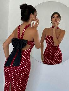 Firerie Women's Romantic Backless Contrast Color Bow Tie Dress,Red Dress - Red - View 2