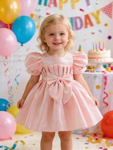 Glamorique Kids 女婴缎面优雅连衣裙，腰部系带蝴蝶结，圆领花瓣袖蓬蓬公主裙，适合所有季节 - 粉色 - 查看 5