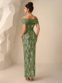 Coutiva 秋冬季优雅方领长袖修身鱼尾裙摆拼接蕾丝刺绣晚礼服、婚纱、派对礼服、圣诞礼服 - 綠色 - 查看 2