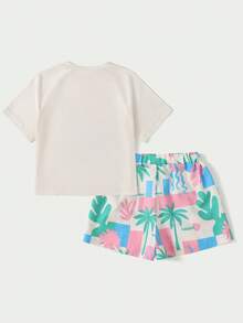 SHEIN Tween Girls Colorblock Short Sleeve T-Shirt And Shorts Set,Beige,Summer,Casual,Funny,Vacation Gift,Holiday,Lightweight Pink Outfit Sets - Multicolor - View 2
