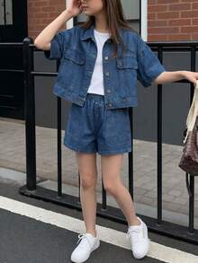 2pcs/Set Tween GirlsY2K Fashionable Loose Fit Cropped Denim Jacket + Wide-Leg Denim Shorts Set, Suitable For Daily Outings, Holidays, School, Commuting, Parties, Home, Festivals - Medium Wash - View 1