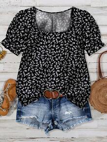 SHEIN VCAY Áo kiểu nữ cỡ lớn, phong cách tối giản, lãng mạn, in hoa, thích hợp cho mùa hè. - Nhiều màu - Xem 1