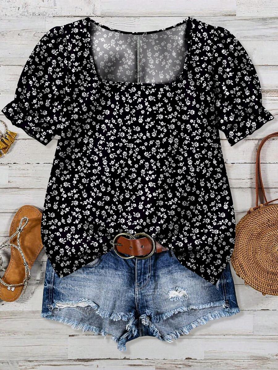 SHEIN VCAY Áo kiểu nữ cỡ lớn, phong cách tối giản, lãng mạn, in hoa, thích hợp cho mùa hè. - Nhiều màu - Xem 1