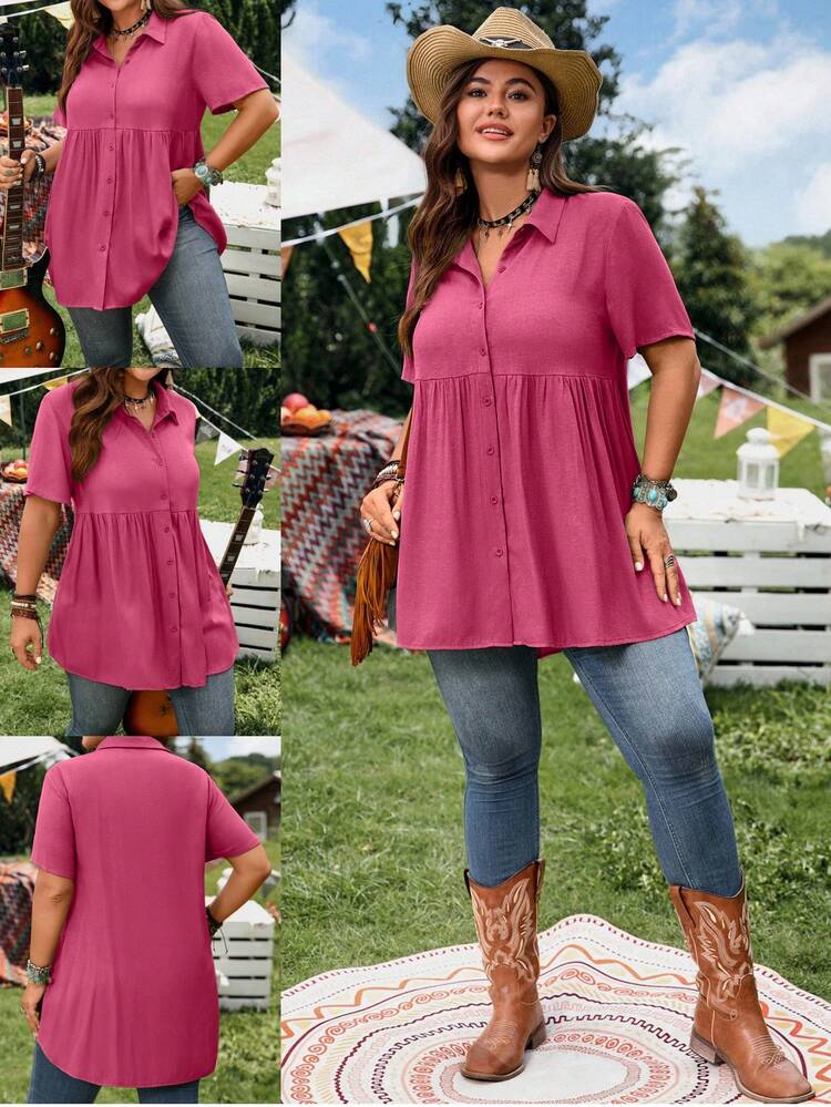 Short Sleeve Blue Button-Up Shirt, Casual Vacation Shirt With Longer Back, Plus Size, Suitable For Spring & Summer