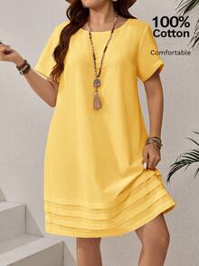 Rosumi Vestido casual de manga corta de unicolor para vacaciones de talla grande, atuendos de verano para mujer/verano, ropa de mujer para vacaciones tropicales - amarillo ganso - Ver 7