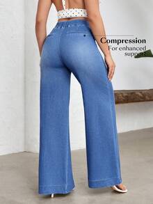 Flexra Women's Elastic Waist Dual Pocket Wide Leg Loose Casual Jeans - Blue - View 2