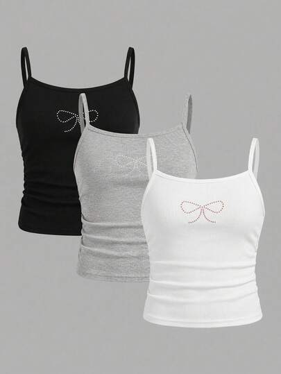 SHEIN Girlism Bộ 3 áo hai dây ôm sát, kiểu dáng thể thao thường ngày, dành cho bé gái tuổi teen.