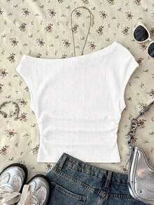 Teen Girls' White Knit Casual Minimalist Polka Dot Print Asymmetric Ruched Cropped Top,Suitable For Spring/Summer,Personalized Styling,Daily Wear - White - View 2