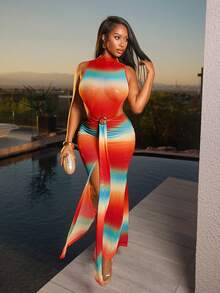 BamGleam Đầm dài xẻ tà, hở lưng, thắt eo bằng vòng kim loại, kiểu dáng mới cho mùa hè, thích hợp cho kỳ nghỉ hè trên đảo/chụp ảnh bãi biển mang phong cách gợi cảm. - Nhiều màu - Xem 3