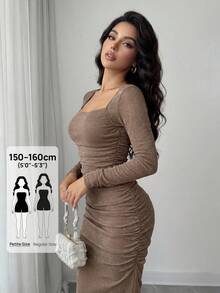 Modelyn Petite Đầm dài tay ôm dáng, cổ vuông, xếp ly, màu trơn dành cho nữ - Màu Khaki - Xem 2