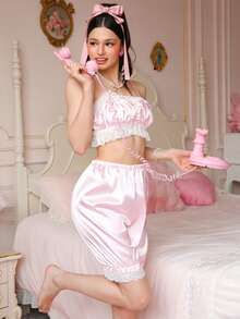 PetitDoll Bộ đồ ngủ nữ bằng satin màu hồng lãng mạn, thanh lịch, quyến rũ kiểu công chúa với ren. - Hồng - Xem 5